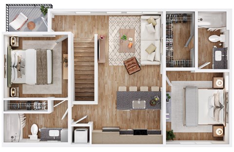 Floor plan for 2 beds, 2 baths, 960 sqft